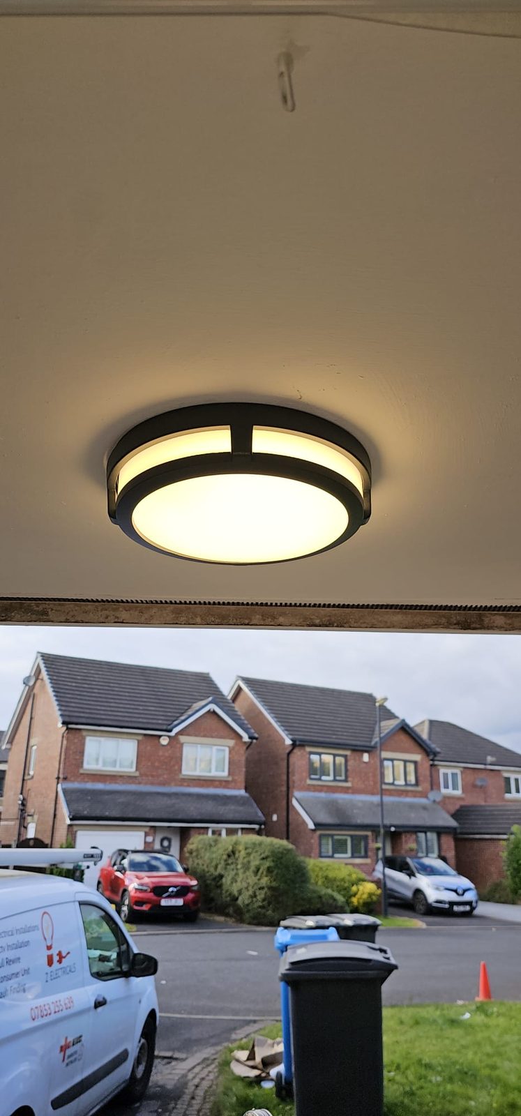 New outdoor porch light fitted by Z Electricals, with the Z Electricals van parked below